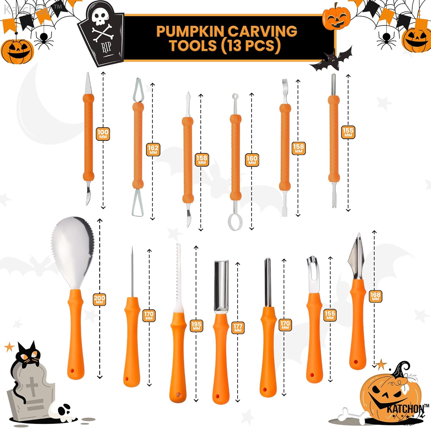 KatchOn, Kit de tallado de calabaza de Halloween, paquete de 13, herramientas profesionales de escultura de calabaza con plantillas, 18 piezas,