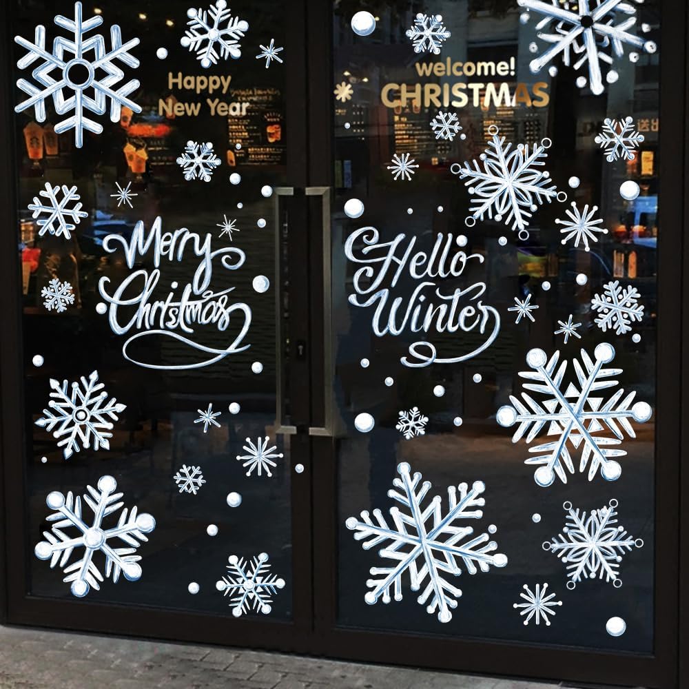 YUJUN 8 hojas de calcomanías de ventana de copos de nieve de invierno, pintura al óleo azul de Navidad, copos de nieve, calcomanías para ventana de