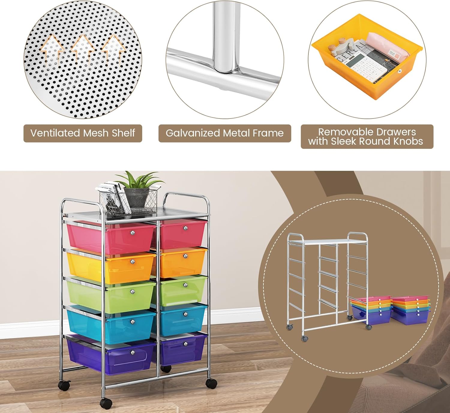 RELAX4LIFE Carrito de almacenamiento rodante con 10 cajones, carrito de almacenamiento para manualidades con ruedas bloqueables, carrito utilitario,