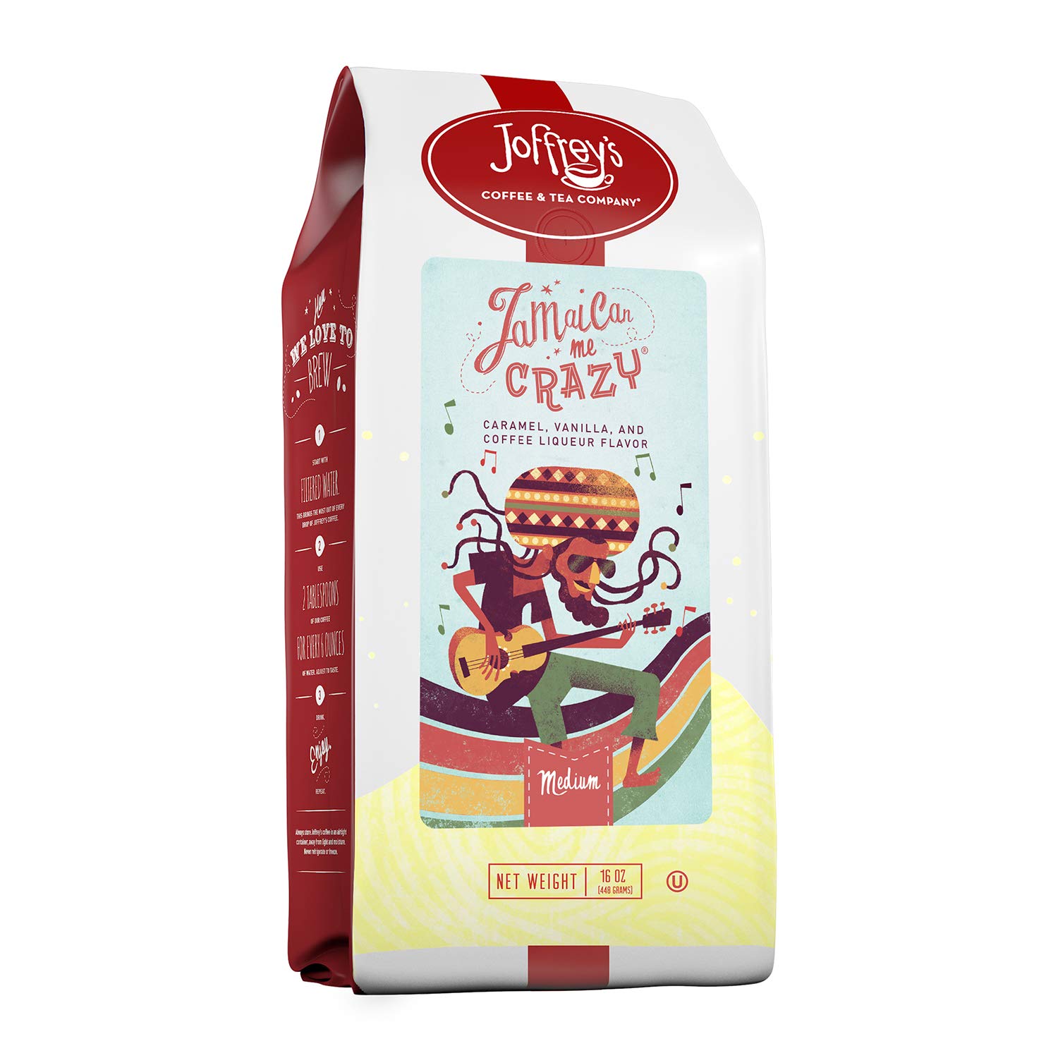 Joffrey’s Coffee – Jamaican Me Crazy, café saborizado, tostado medio artesanal, granos de café arábica, sabor a caramelo, vainilla y licor de café,