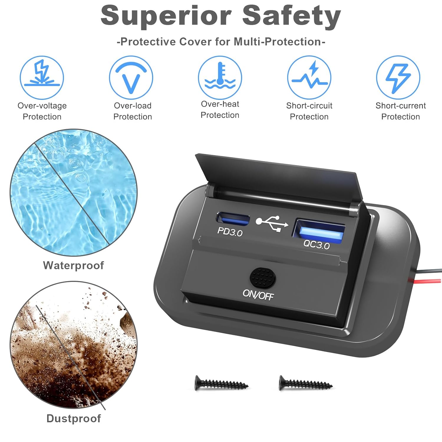 2 salidas USB RV de 12 V con interruptor de alimentación, 38 W Dual PD3.0 Tipo-C y carga rápida QC3.0 USB-A Puerto Montaje en panel con tapa,