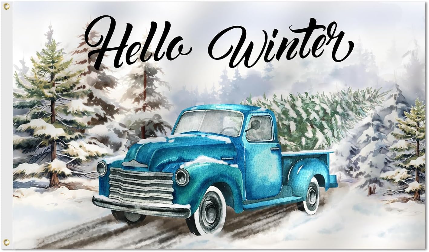 Bandera de jardín con texto en inglés Hello Winter Truck, piña, de bienvenida, Navidad, copos de nieve, decoración al aire libre, doble cara, 3 x 5