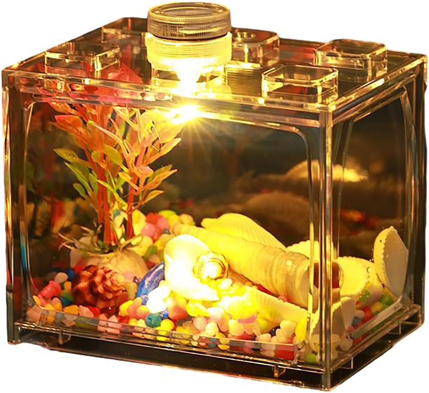Pequeño tanque de peces mini tanque de peces bloque de acrílico kit de acuario con decoración