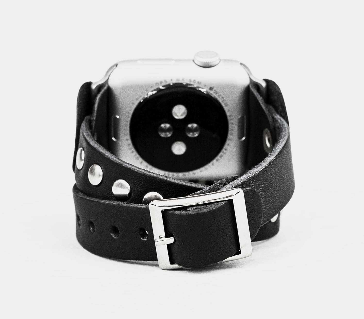 stud Leather double wrap band strap compatible with Apple watch 38mm 40mm 41mm 42mm 44mm 45mm 49mm, Handmade UA 1820 (black + steel + 7.3-8.3 in +