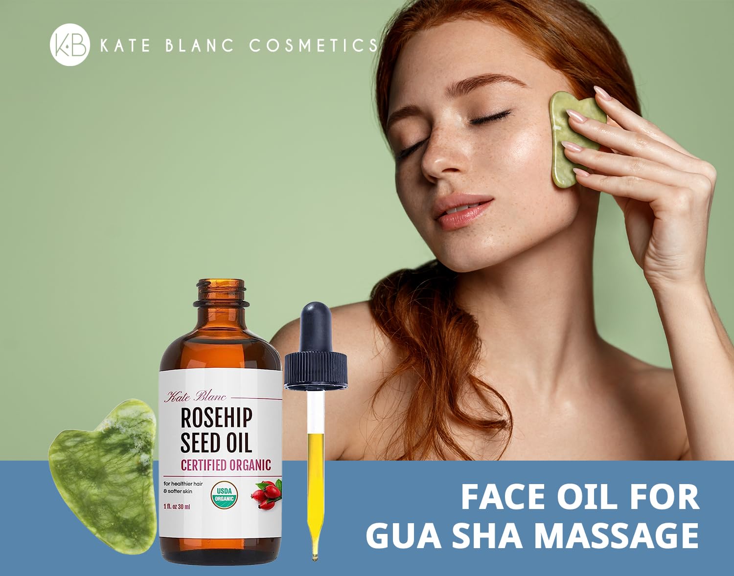 Kate Blanc Cosmetics Aceite de rosa mosqueta para cara y piel con kit de piedra Gua Sha (1 onza) Aceite de semilla de rosa mosqueta orgánico USDA