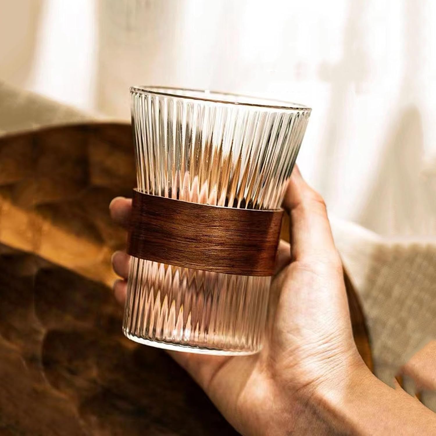 Taza de café de vidrio de 11 oz con anillo antideslizante de madera, apto para moca de boca ancha, café con leche, capuchino hielo caliente (4
