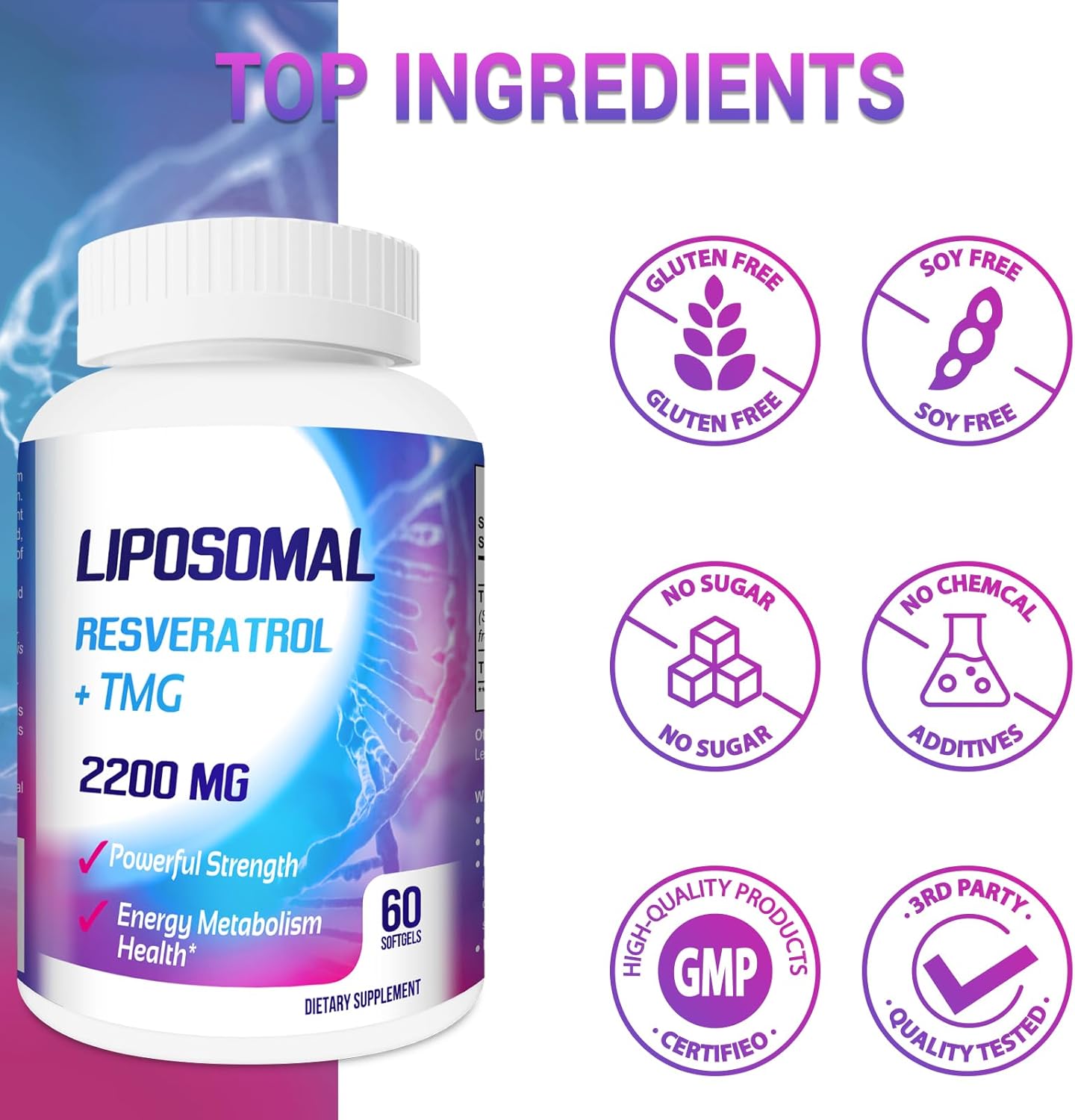 Liposomal 2200 mg de alta dosis de gel suave, trans-resveratrol 1700 mg + TMG 500 mg, potente antioxidante para antienvejecimiento, salud de la