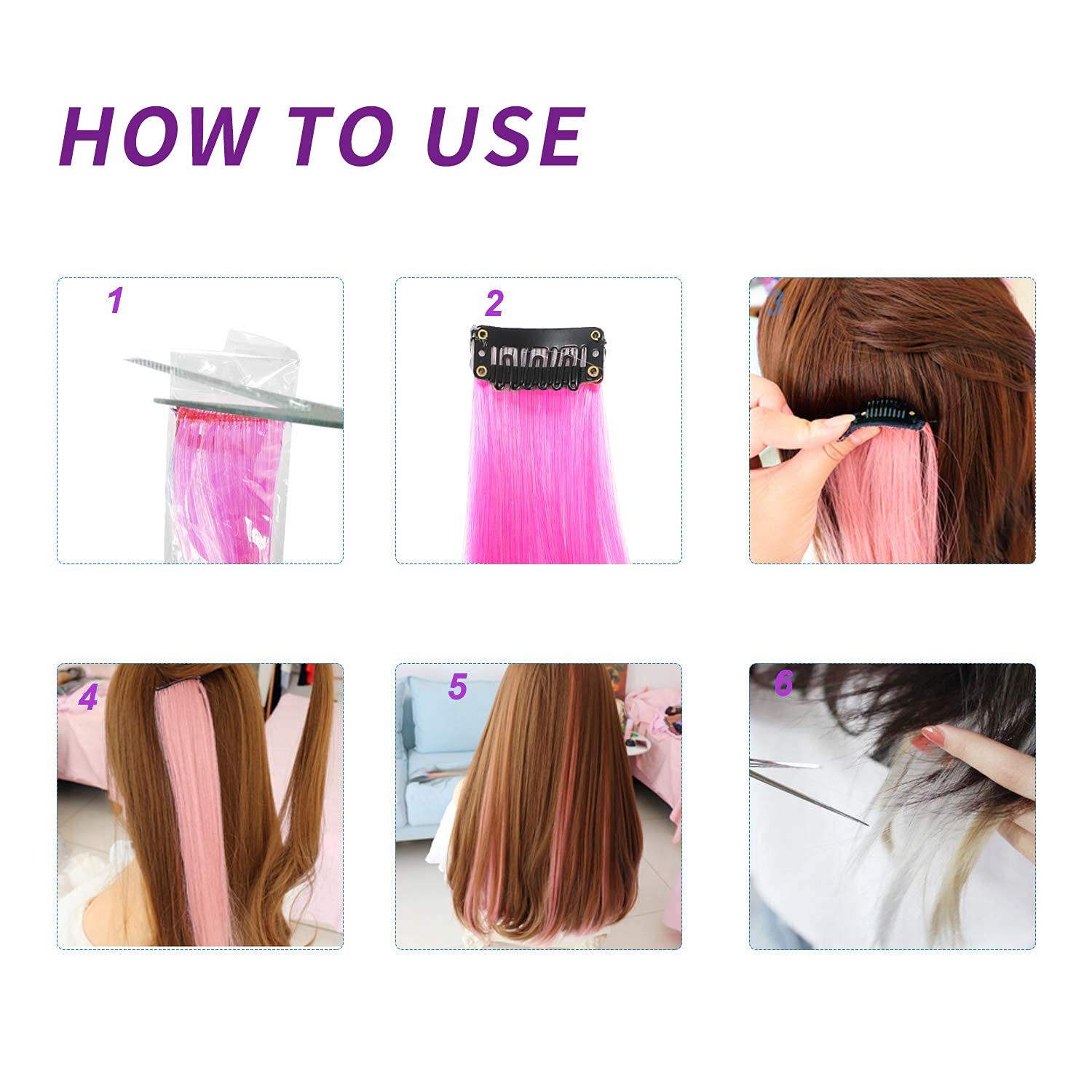 10 extensiones de cabello sintético con clip de 20 pulgadas, multicolor, lacio, con clip, para mujeres y niñas, niños, como regalo, extensiones de