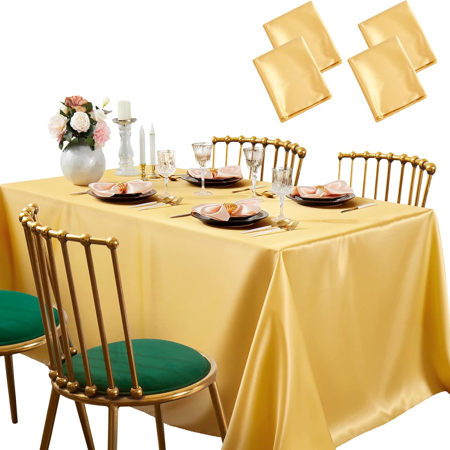 SiinvdaBZX Paquete de 4 manteles de satén dorado de 108 x 54 pulgadas, manteles de comedor suaves y brillantes para mesa rectangular de 6 pies,