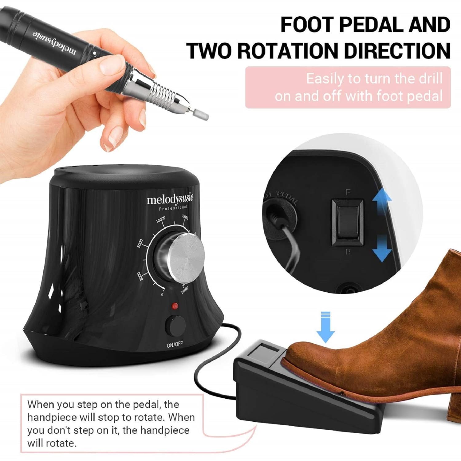 MelodySusie Taladro de uñas profesional de 30000 RPM con 7 brocas de carburo de tungsteno, alta velocidad, bajo calor, bajo ruido, baja vibración,