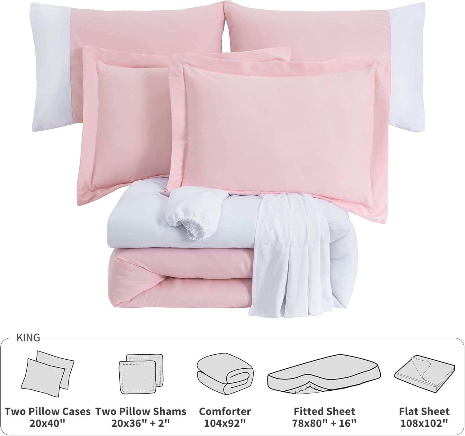Kingsley trend Juego de edredón King de 7 piezas, ropa de cama tamaño King en bolsa, reversible, rosablanco, con edredón, sábanas planas y bajeras,