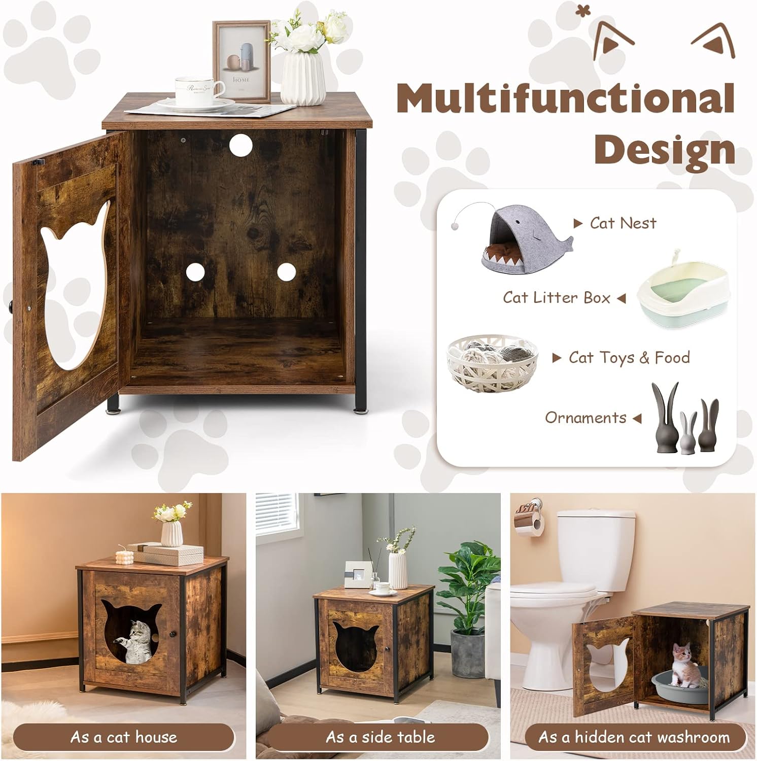 PETSITE Caja de arena, gabinete de baño para gatos con marco de metal, mesa auxiliar cerrada para gatos, mesita de noche, caja de arena oculta,