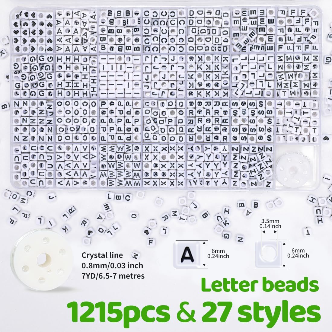 Bundooraking Cuentas de letras cuadradas, letras negras, fondo blanco, cuentas acrílicas de 0.236 x 0.236 pulgadas, 28 cuadrículas para hacer joyas,