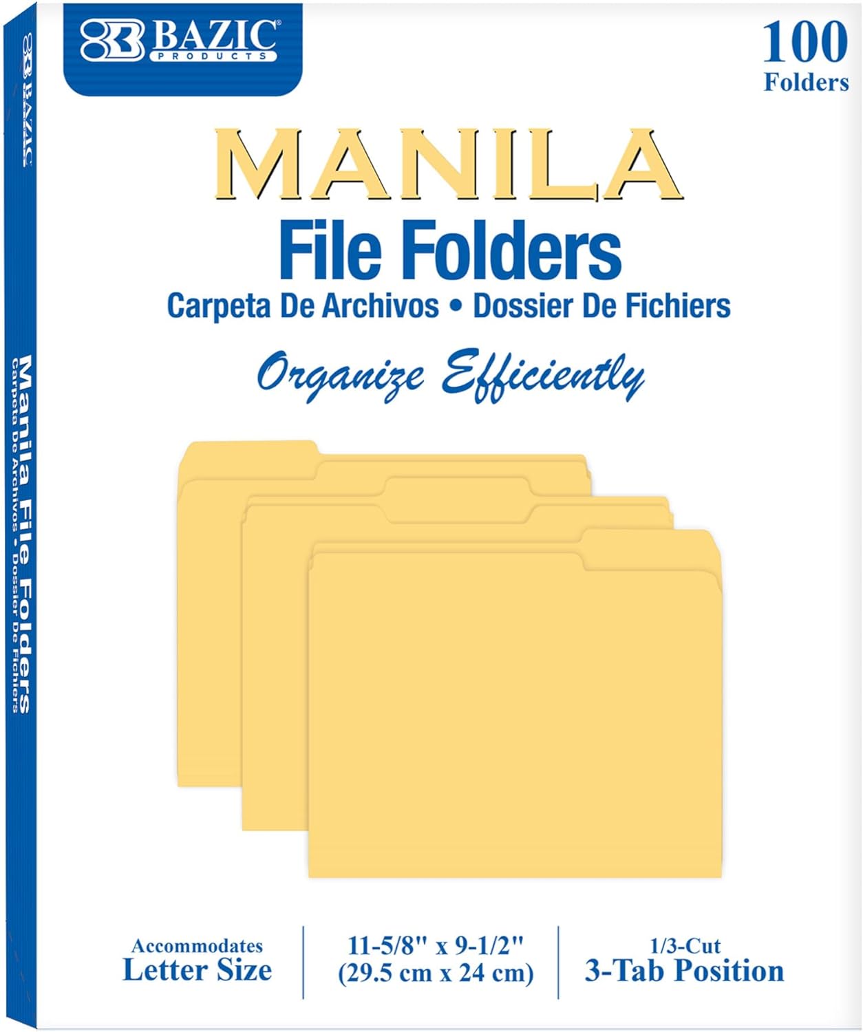 BAZIC – Carpeta de archivo Manila de corte 13, tamaño de letra 11 58 x 92 pulgadas, posiciones de pestañas centrales izquierda y derecha, para