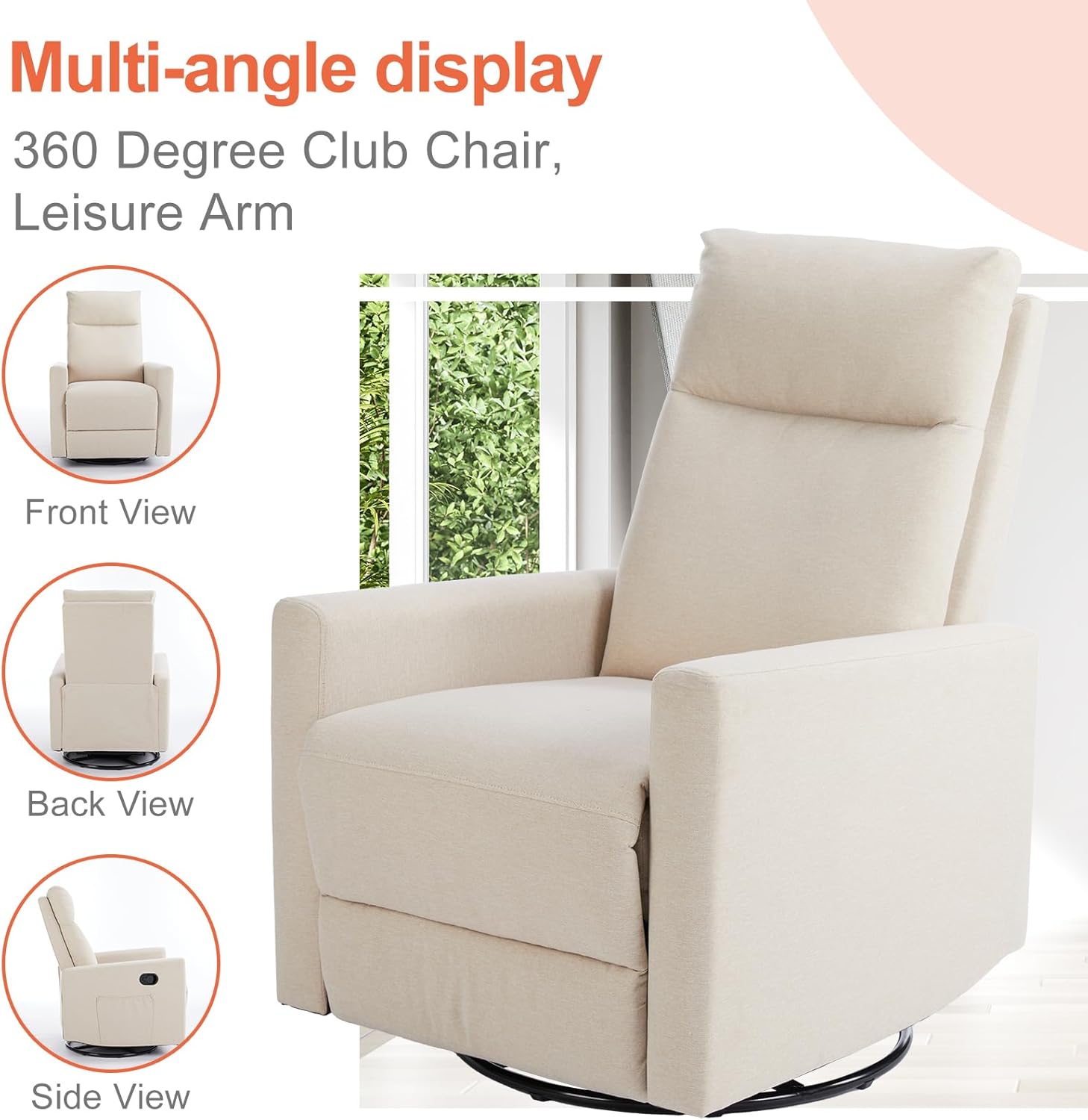Sweetcrispy Mecedora giratoria reclinable, silla de guardería para sala de estar con reposapiés extragrande, respaldo alto, asiento profundo