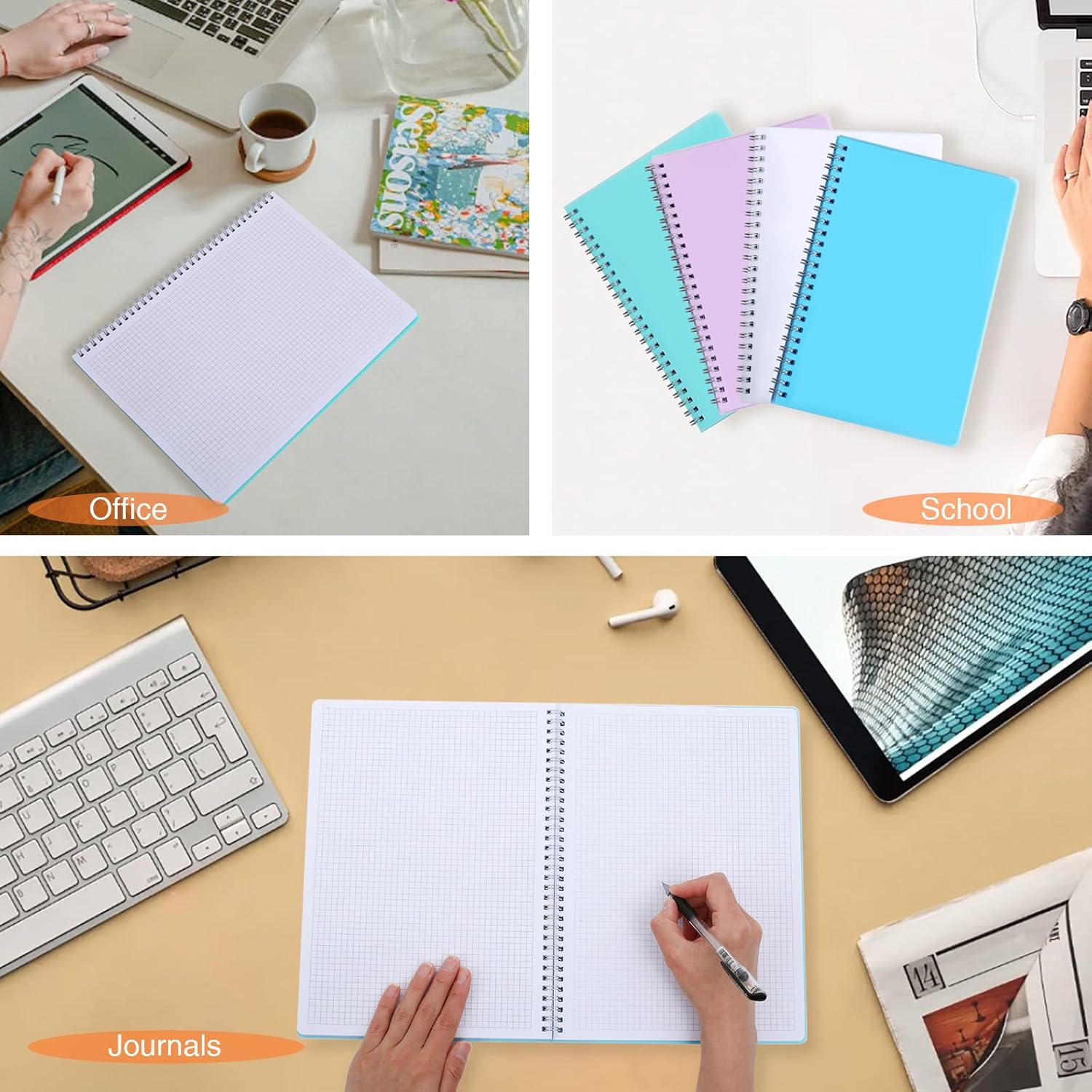 Cuadernos de papel cuadriculado, paquete de 4 cuadernos de cuadrícula en espiral de 5.7 x 8.3 pulgadas, 640 páginas, bonitos cuadernos de