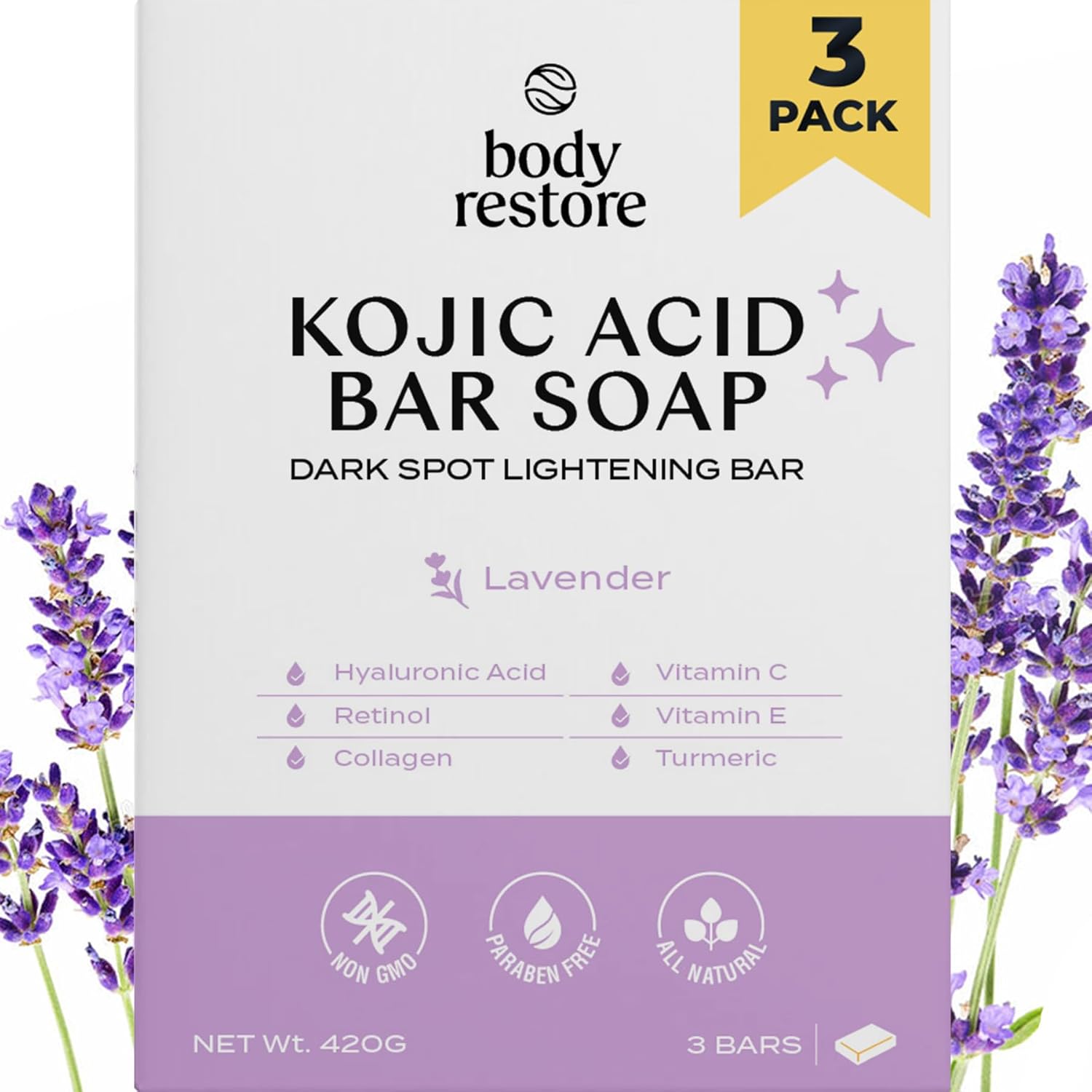 Body Restore Jabón de ácido kójico, (lavanda paquete de 3), con vitamina C, E, manteca de karité, colágeno, ácido hialurónico, cúrcuma, retinol para