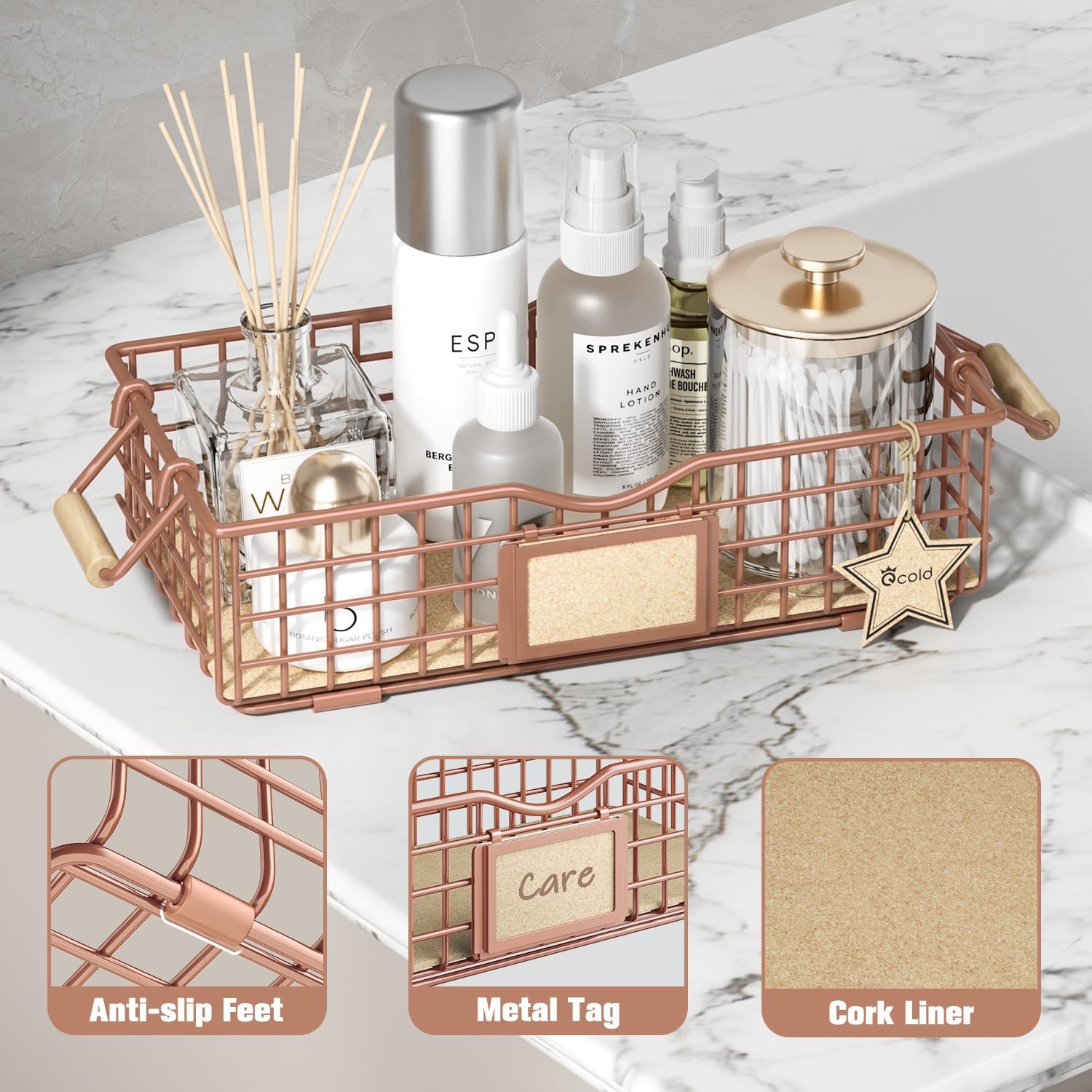 Qcold Cesta de almacenamiento de alambre, cestas de metal para estantes, organizador multiusos de mostrador con asas de madera, contenedores de