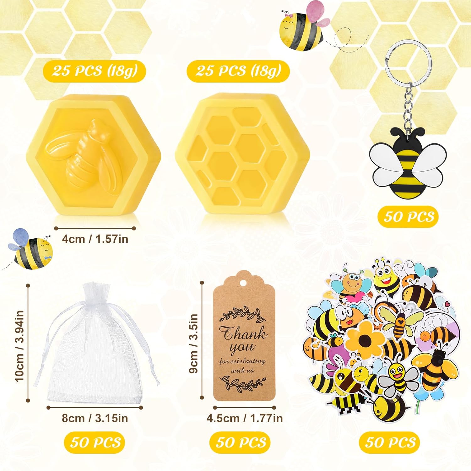 Dansib 50 juegos de jabón de abeja de panal con calcomanías para fiesta de verano, abeja, decoración de fiesta de cumpleaños, novia, boda,