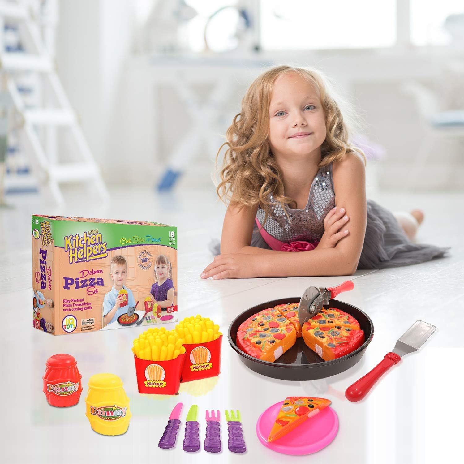 IQ Toys Juego de fiesta de pizza, juego completo de corte y servicio de pizza de simulación, 19 piezas