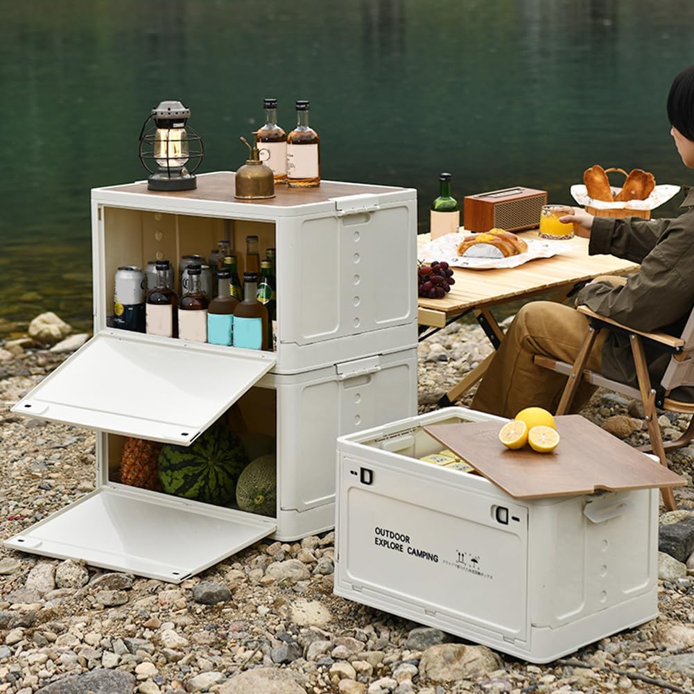 Contenedores de almacenamiento plegables para campamento, caja de almacenamiento apilable con tapa de madera y ruedas, cajón de almacenamiento de
