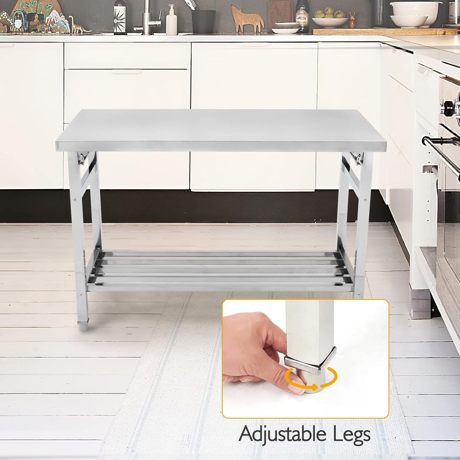 GAOMON Mesa de acero inoxidable de 48 x 24 pulgadas, mesa de comedor portátil para campamento, picnic, fiesta, isla de cocina, mesa de preparación