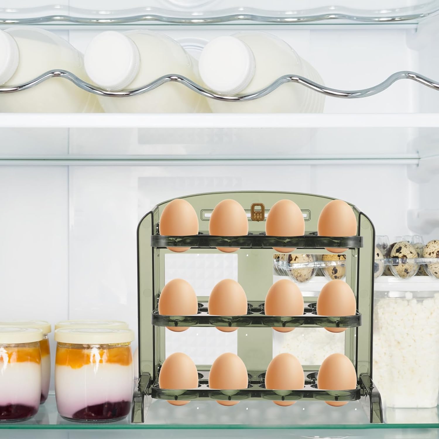 BESPORTBLE Soporte para huevos de 30 rejillas para refrigerador, contenedor de almacenamiento de huevos abatible de 3 capas para puerta de