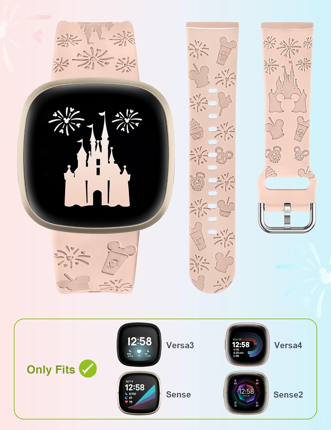 Correa grabada de dibujos animados compatible con Fitbit Versa 4Versa 3Sense 2Sense Bandas para mujeres y hombres, correas de repuesto de silicona