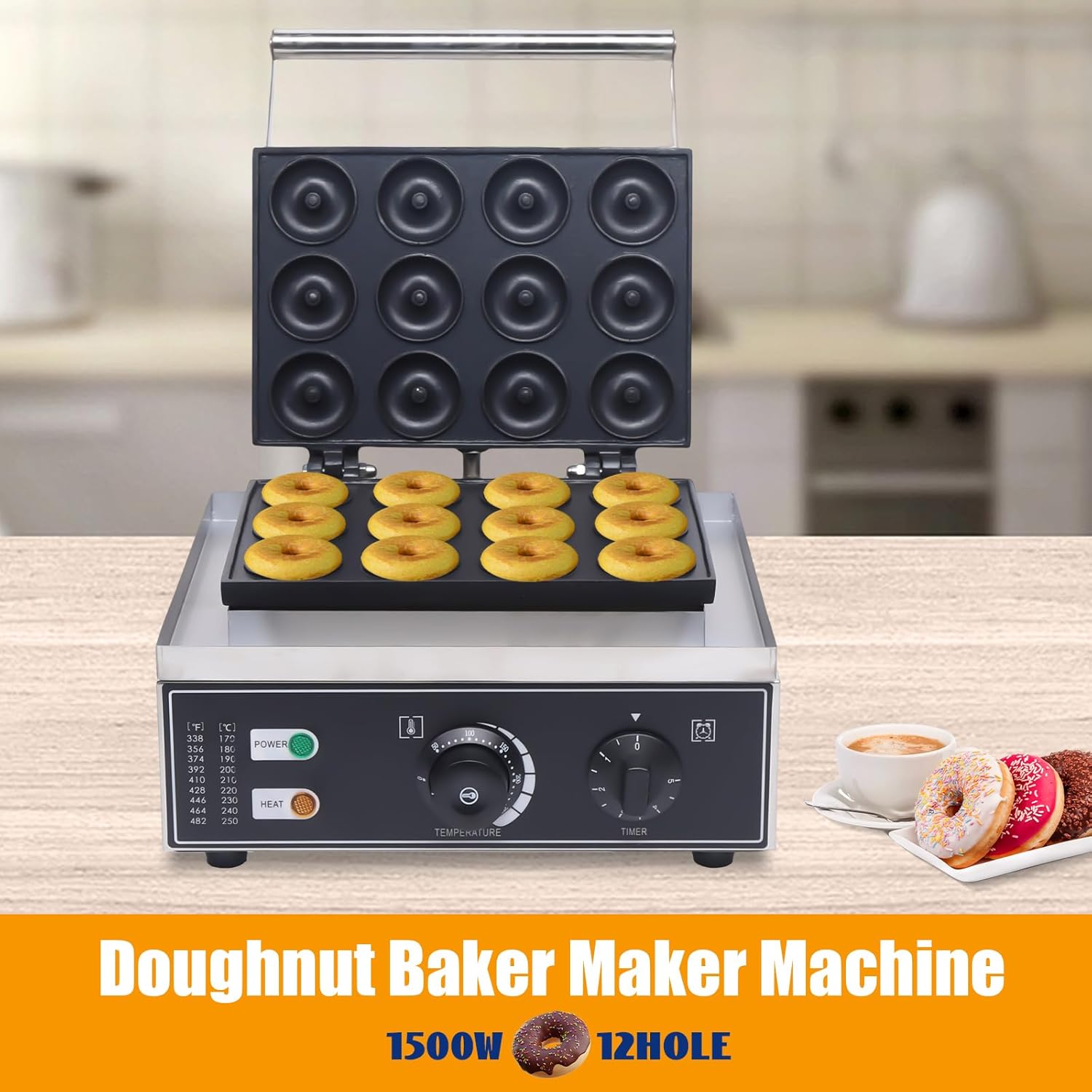 Máquina eléctrica para hacer donas de 110 V 1500 W, 12 piezas de acero inoxidable para hacer donas, máquina de panqueques de aluminio con capa de