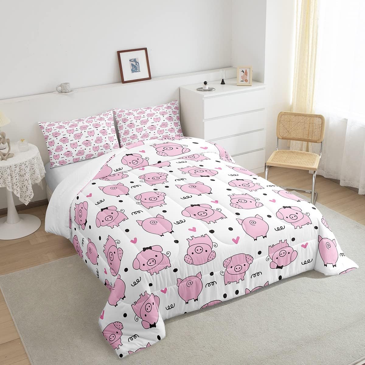 Erosebridal Juego de edredón de cerdo rosa para niñas, decoración de habitación kawaii, juego de ropa de cama de lindos cerdos para niños y niños,