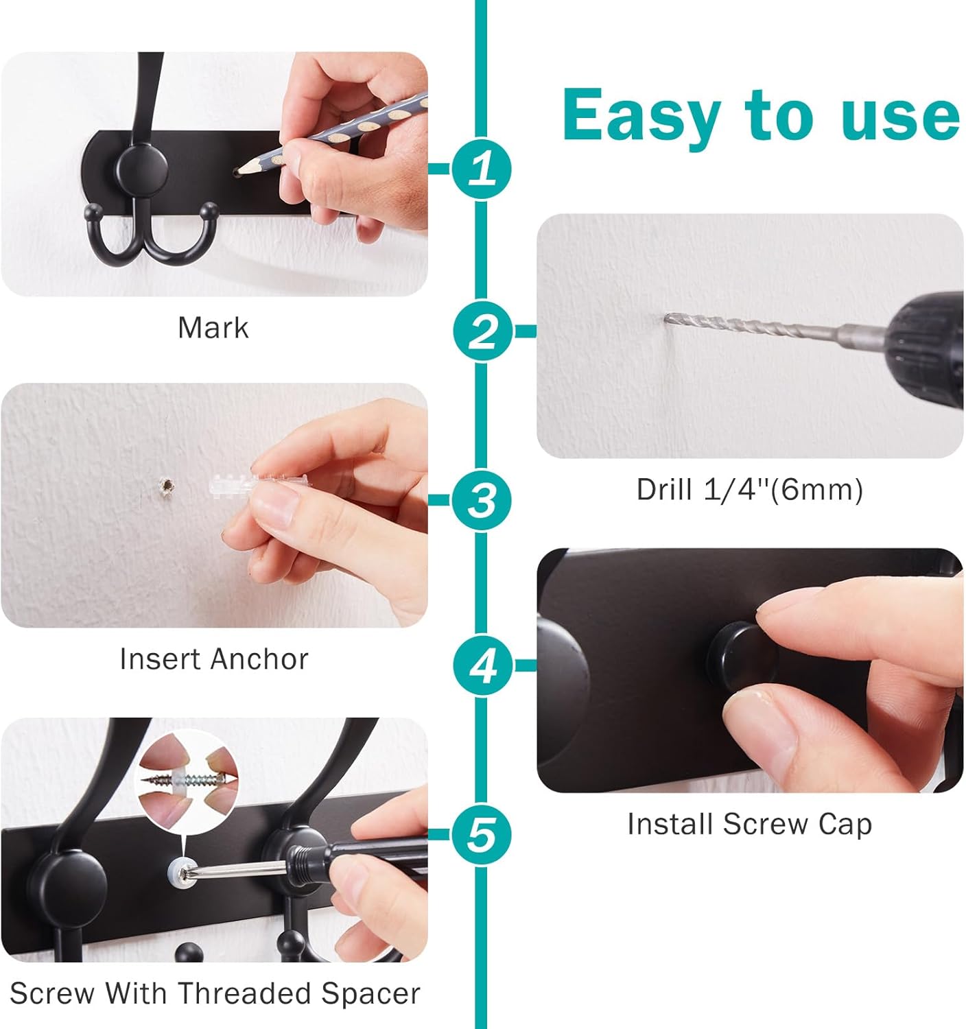 Gancho de pared para colgar ropa, ganchos de pared negros para dormitorio, cocina, baño, color negro