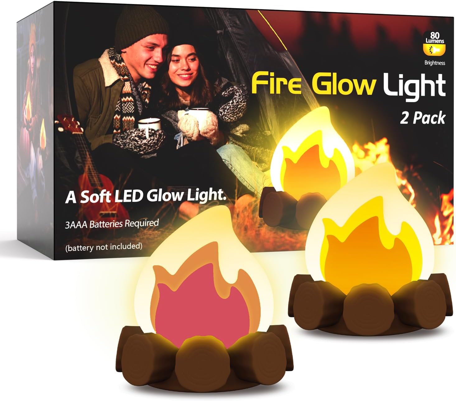 Luz nocturna falsa para tienda de campaña, paquete de 2 luces nocturnas de llama alimentada por batería para hombres y mujeres, decoraciones de