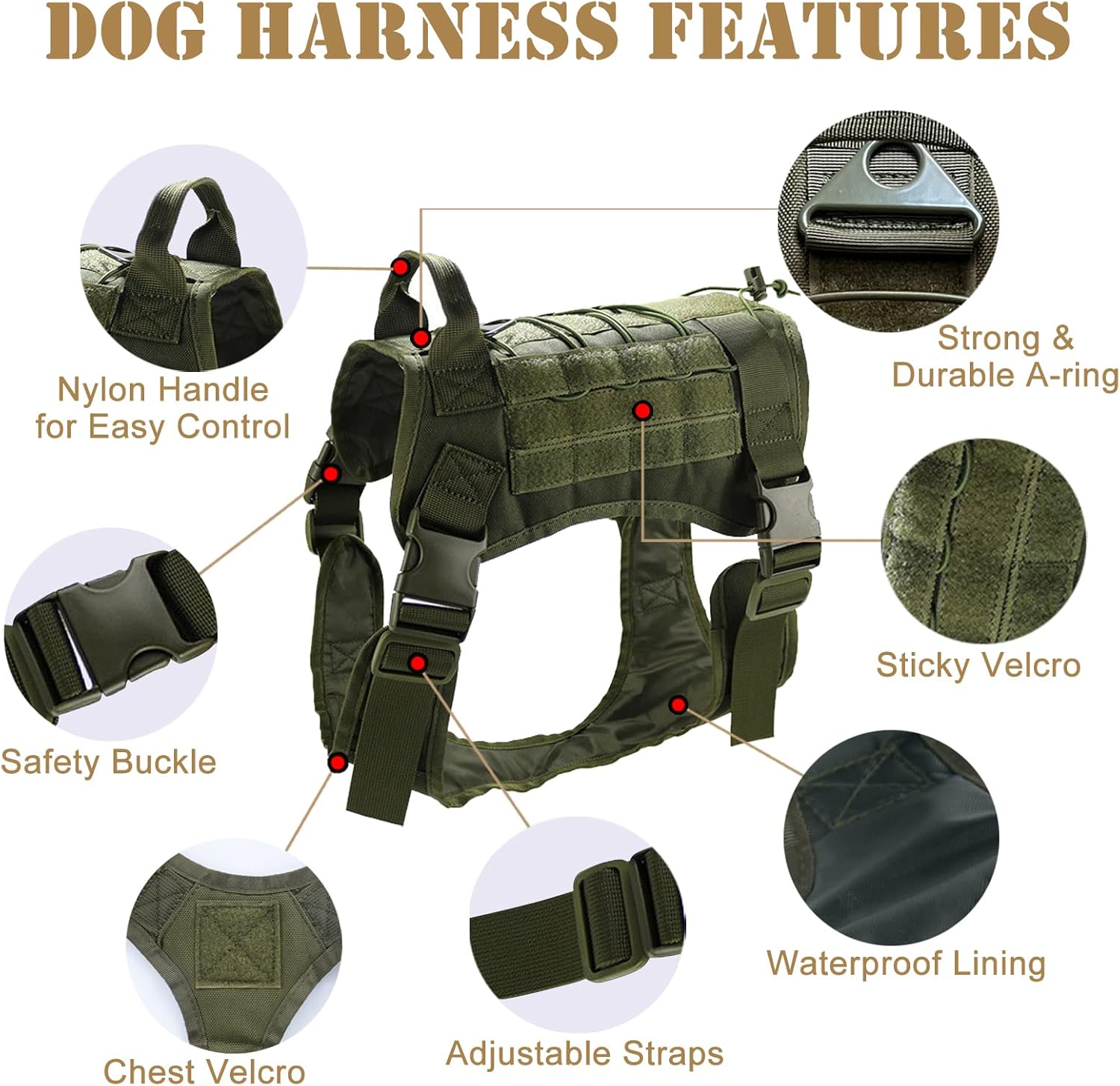 Arnés táctico para perro, arnés para perros medianos sin tirones, con paneles Molle y bucle, chaleco militar con asa resistente para entrenamiento