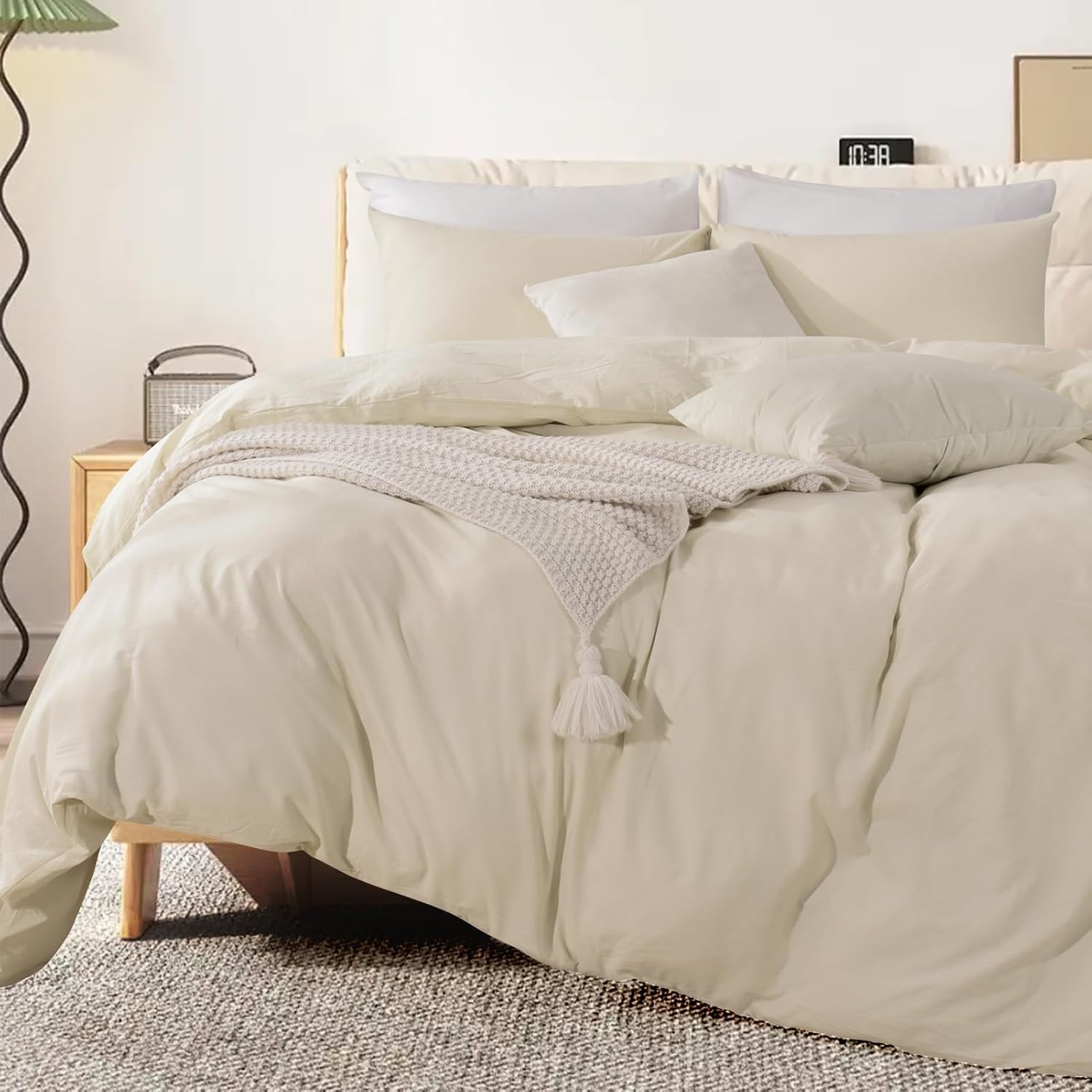 NEXHOME PRO Juego de funda de edredón 100% algodón lavado, tamaño matrimonial, textura de lino orgánico natural, juego de ropa de cama de 3 piezas