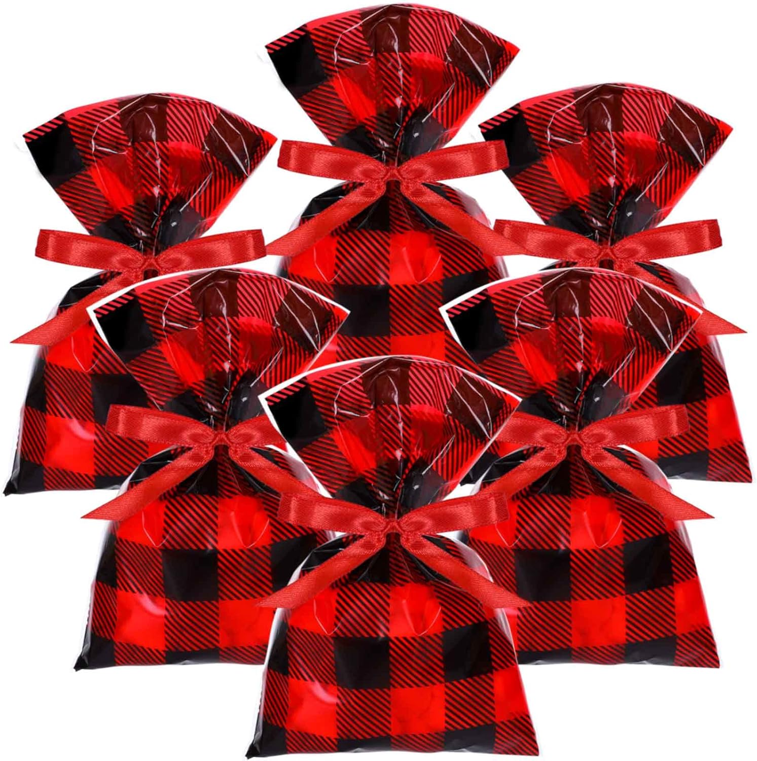 Whaline 120 bolsas de celofán de Navidad de búfalo rojo y negro, bolsas de dulces clásicas a cuadros con cinta de 50 yardas para suministros de