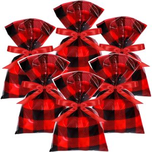Whaline 120 bolsas de celofán de Navidad de búfalo rojo y negro, bolsas de dulces clásicas a cuadros con cinta de 50 yardas para suministros de Whaline 120 bolsas de celofán de Navidad de búfalo rojo y negro, bolsas de dulces clásicas a cuadros con cinta de 50 yardas para suministros de