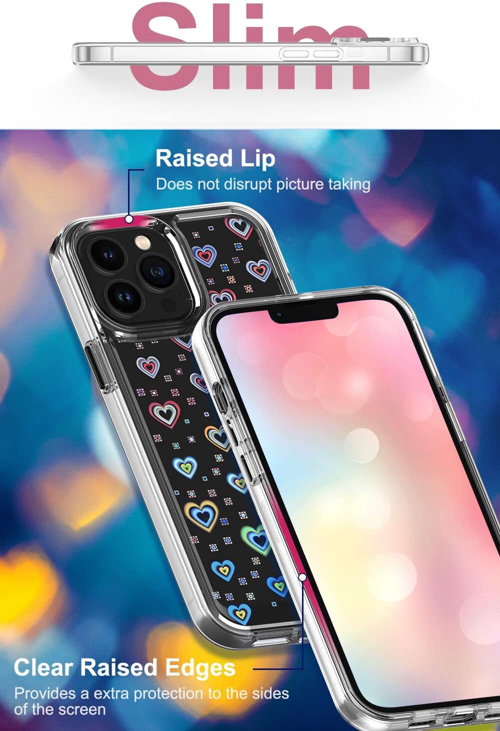 Jusy Compatible con iPhone 13 Pro Max, funda holográfica de amor iridiscente transparente Kawaii para mujer, diseño de arco iris con láser estético,