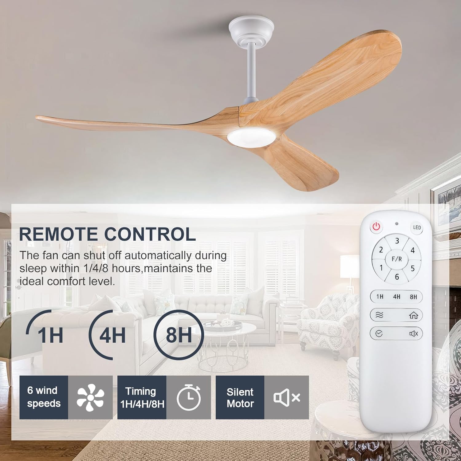 BOOMJOY Ventilador de techo de madera de 52 pulgadas con control remoto de luces, 3 temperaturas de color y cuchillas reversibles de 6 velocidades,