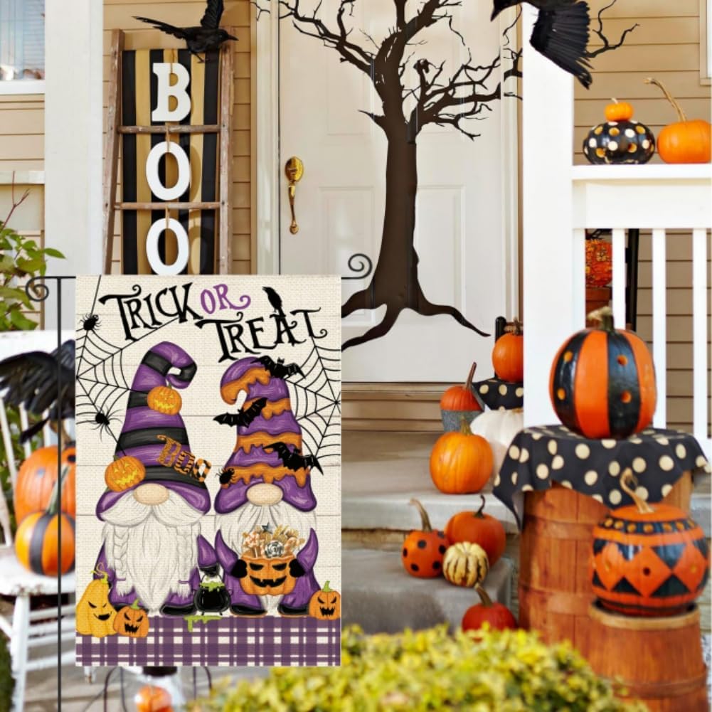 Bandera de jardín de gnomo de Halloween, bandera de jardín de truco o trato, decoración de Halloween para patio, decoración al aire libre, 12 x 18