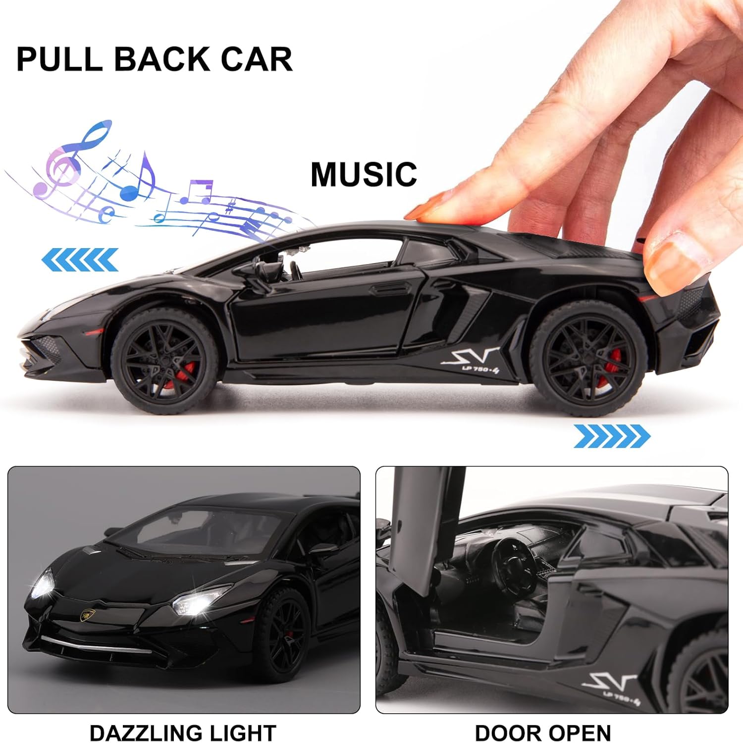 BDTCTK 132 Lambo LP750 Modelo Pull Back Car Coche de juguete con sonido y luz para niños y niñas, cuerpo de metal, puerta abierta, negro
