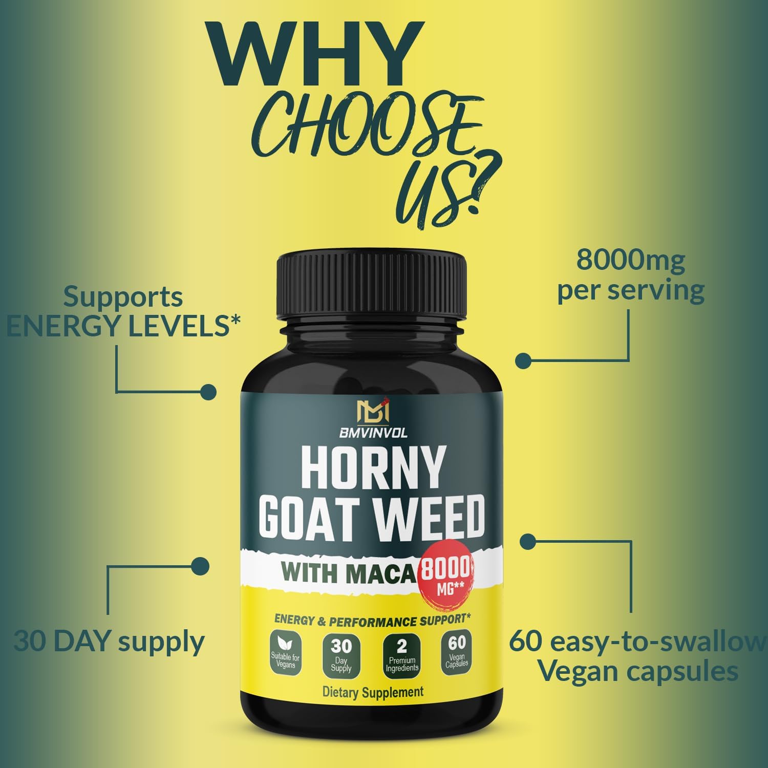 BMVINVOL 6000mg Horny Goat Weed Plus 2000mg Suplemento de raíz de maca para hombres y mujeres – Apoya los niveles de energía, rendimiento