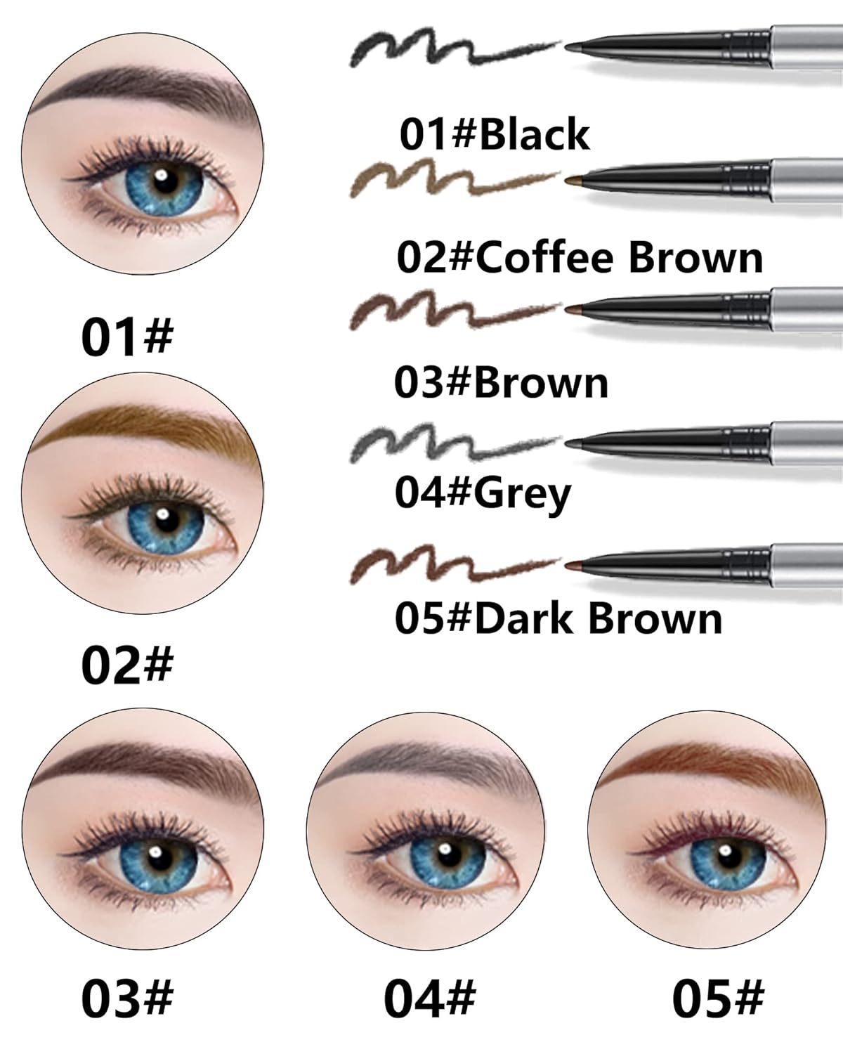 Lápiz de cejas con brocha Spoolie, 4 lápices profesionales de micro punta de 0.069 pulgadas con kit de extremos dobles, lápiz de cejas resistente al