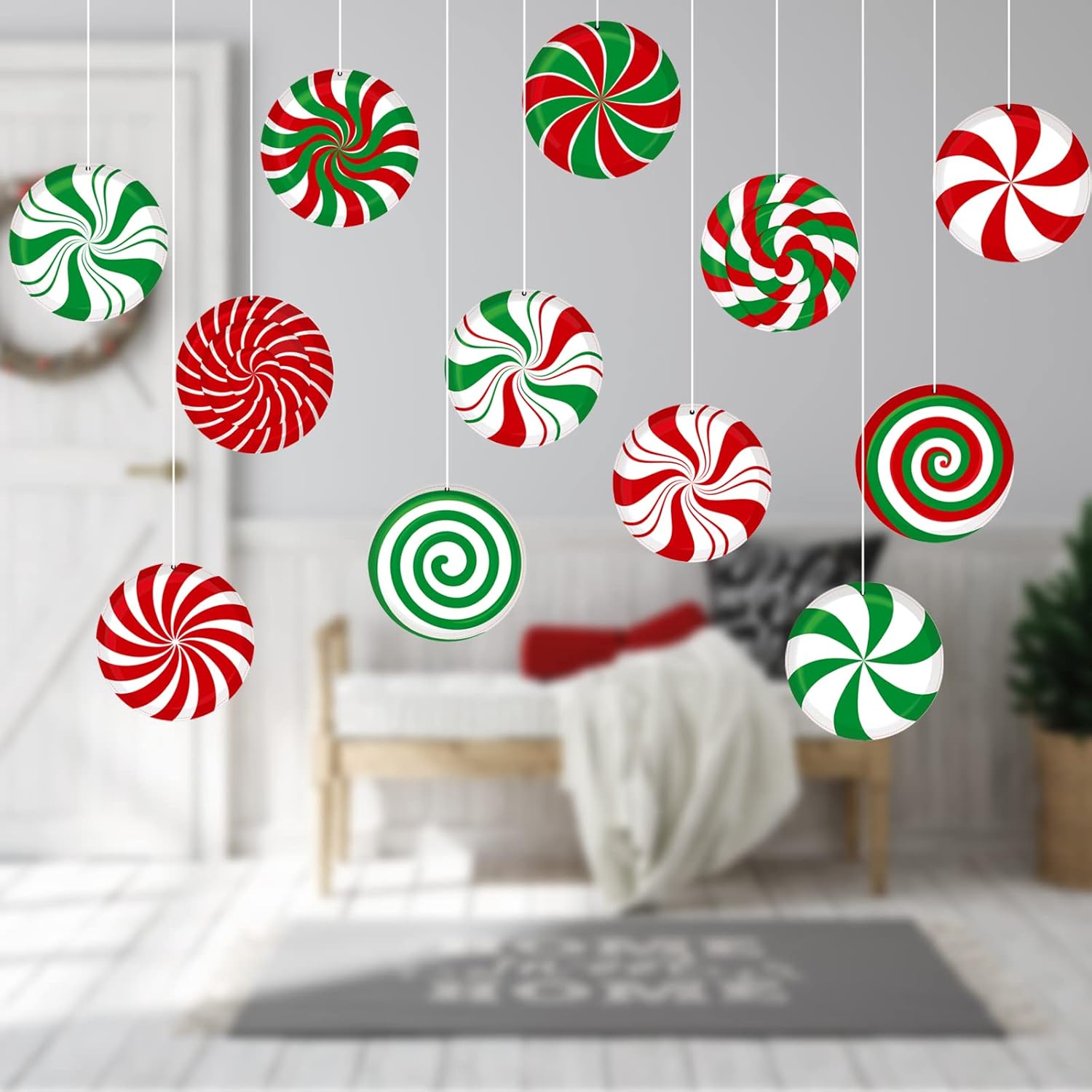 12 adornos grandes de caramelo de Navidad de 7 pulgadas, decoración de piruletas de menta, adorno colgante de bastón de caramelo para árbol de