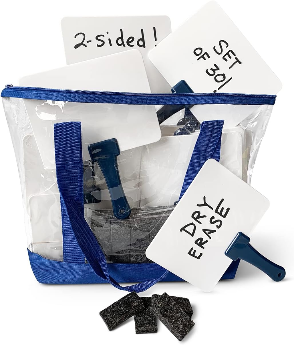 Combo de 30 pizarras blancas de respuesta rápida en una bolsa de mano y mini-borradores, asas azules, superresistentes, borrado en seco, tableros de