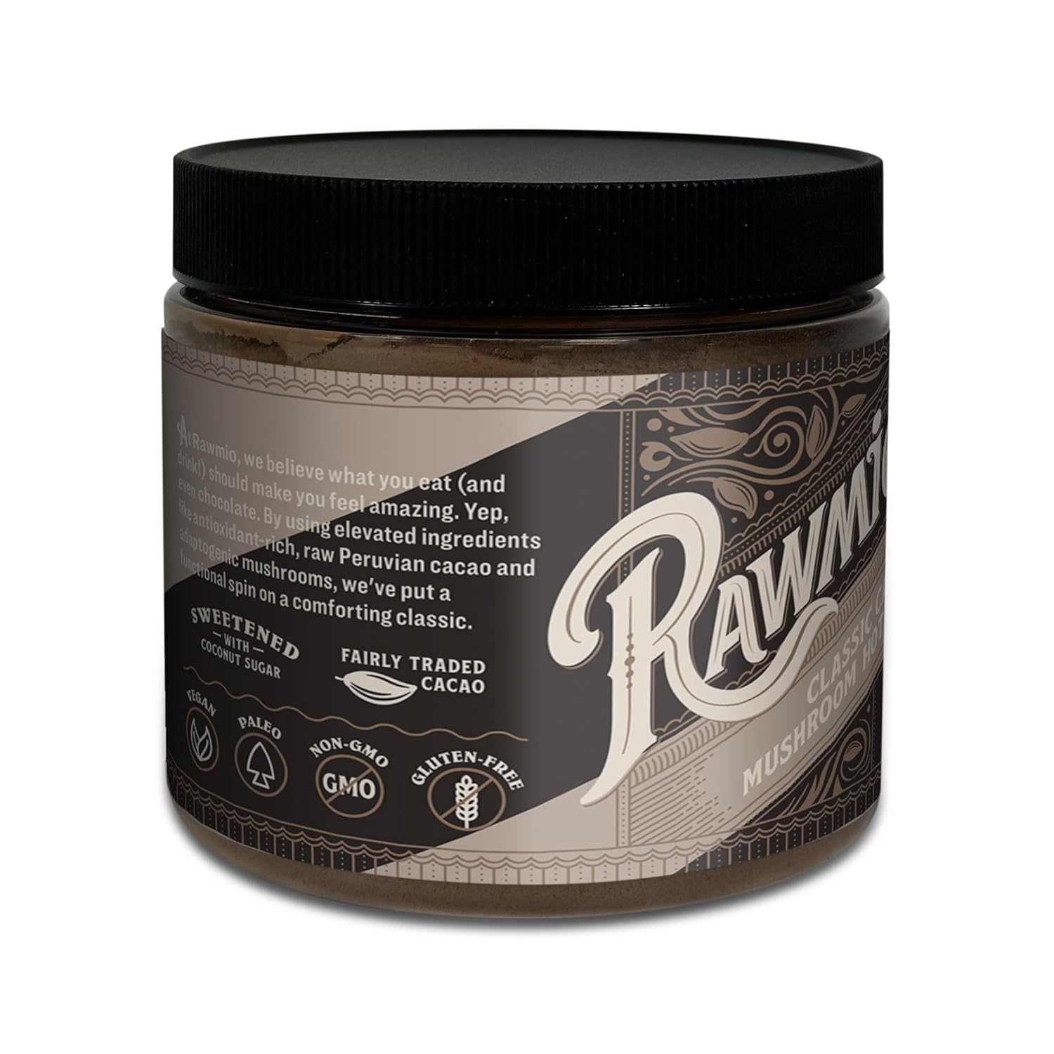 Rawmio Chocolate caliente orgánico clásico con champiñones y cacao, vegano, kosher, bajo en grasa y sin gluten, paquete de 1, 8.5 onzas