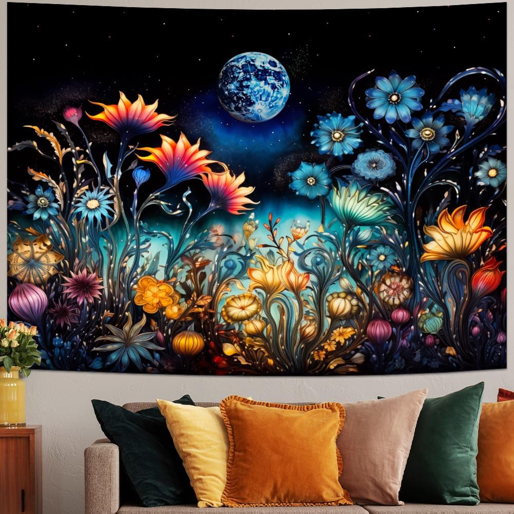 Tushelia Tapiz de plantas florales, tapiz de luna de fantasía, tapiz de flores trippy, tapiz misterioso de cielo estrellado, tapiz negro estético