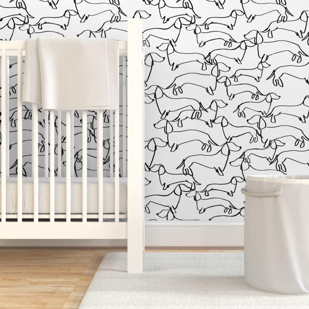Spoonflower Papel tapiz para despegar y pegar, diseño de líneas blancas y negras de perro salchicha Weiner Dogs Papel pintado extraíble personalizado