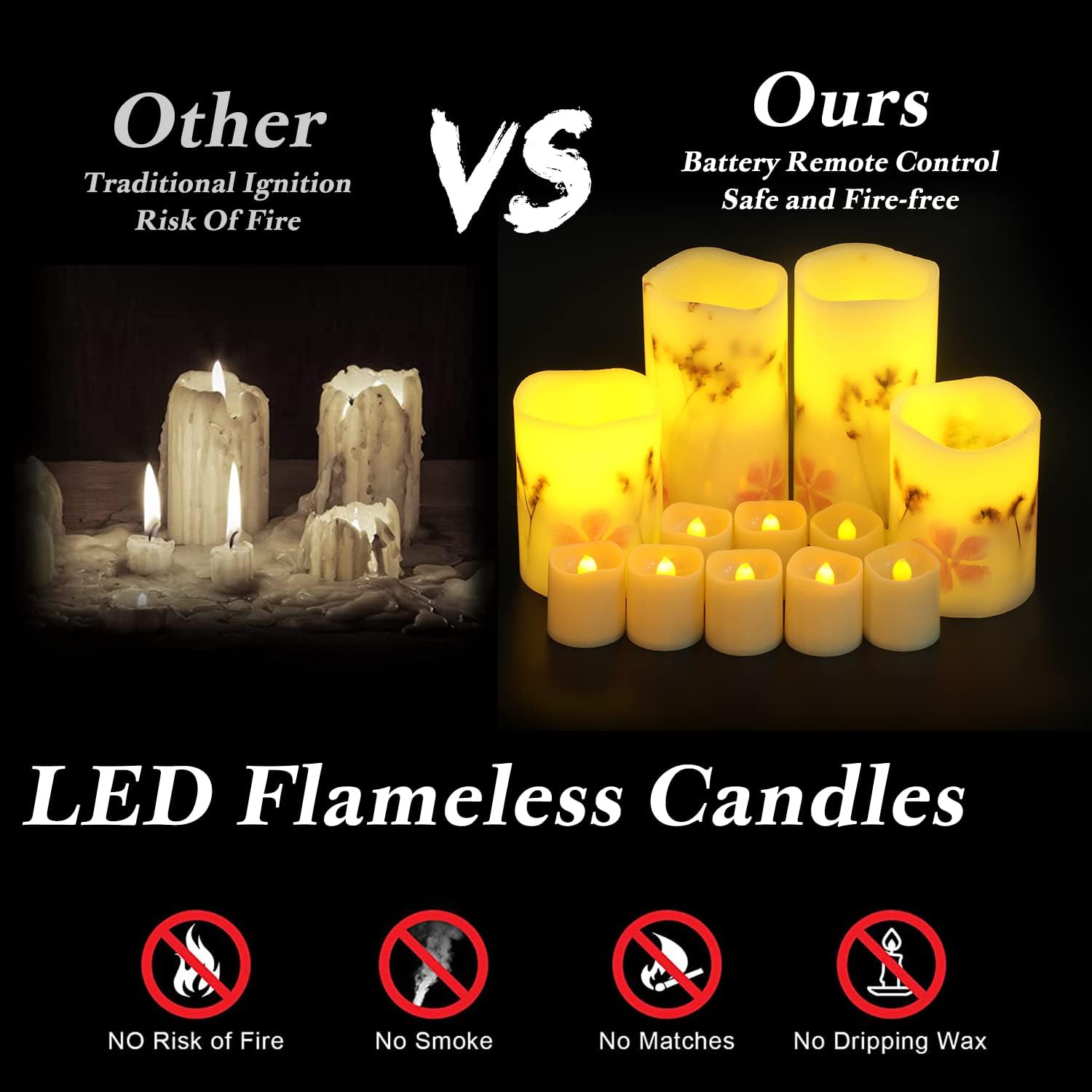 Velas sin llama con control remoto, paquete de 12 velas a pilas, velas parpadeantes sin llama con flores secas incrustadas, velas LED eléctricas de