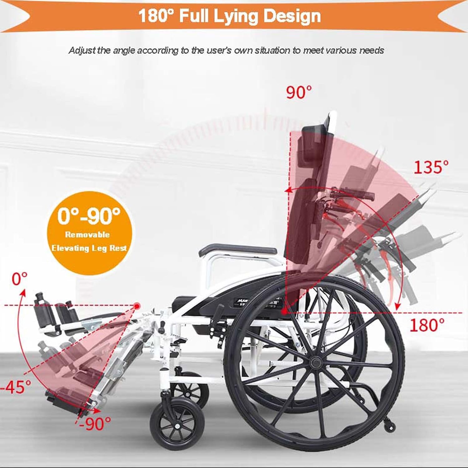 Silla de ruedas reclinable completa para adultos, sillas de ruedas plegables ligeras, respaldo alto y reposacabezas extraíbles, silla de ruedas