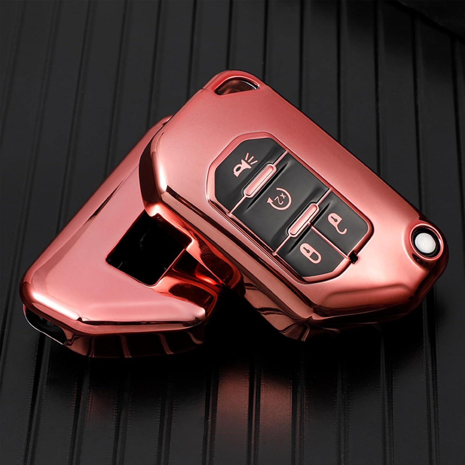 Funda para llavero Jeep, TPU con llavero con llavero de protección de 360 grados para Jeep Wrangler Gladiator JL JLU Rubicon 4 botones (oro rosa)